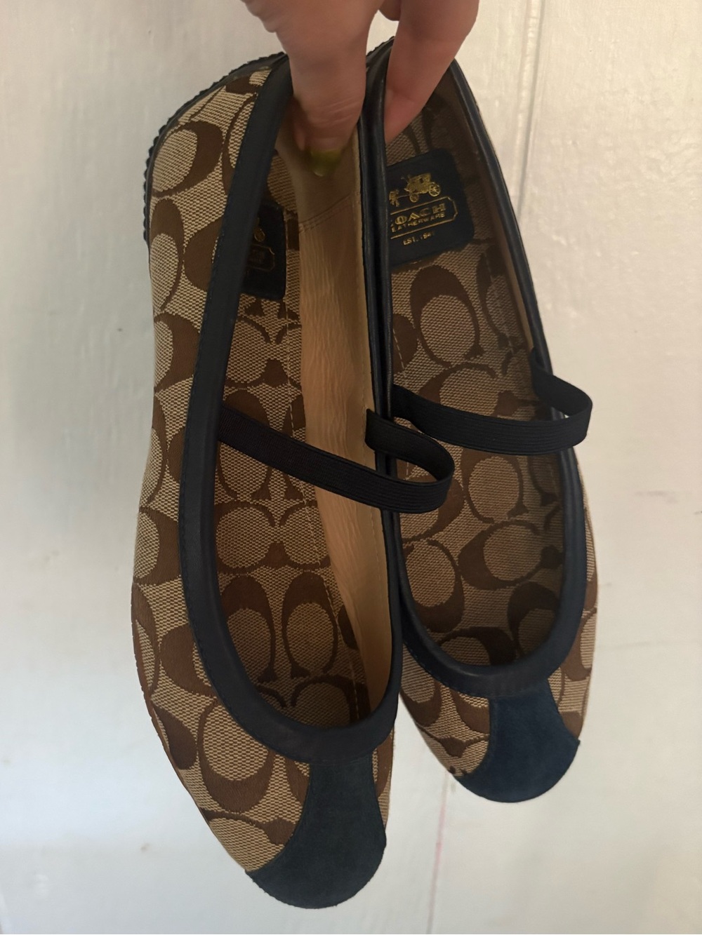 Coach Brown Signature Canvas Mary Jane Ballet Flats with Dark Blue Trim